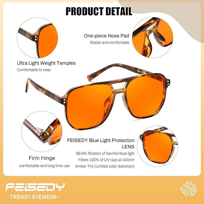 FEISEDY Amber Blue Light Glasses for Computer Gaming Anti Eyestrain Sleep Glasses G2835