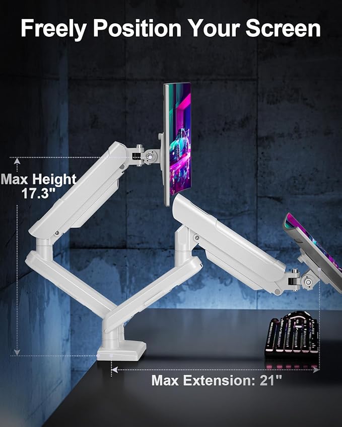 Dual Monitor Arm Fits 17 to 32 Inch Computer Screen, 22lbs per Arm, Full Motion Monitor Desk Mounts for 2 Monitors, Gas Spring Desk Mount, VESA Mount White, Freelift Pro