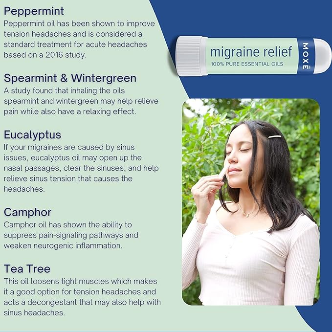 MOXE Migraine Relief Nasal Inhaler, Essential Oils for Headaches & Tension Relief, Portable Aromatherapy, Easy-to-Use, Pure & Undiluted, Peppermint, Spearmint, Eucalyptus, Tea Tree, USA Made, 1 Pack