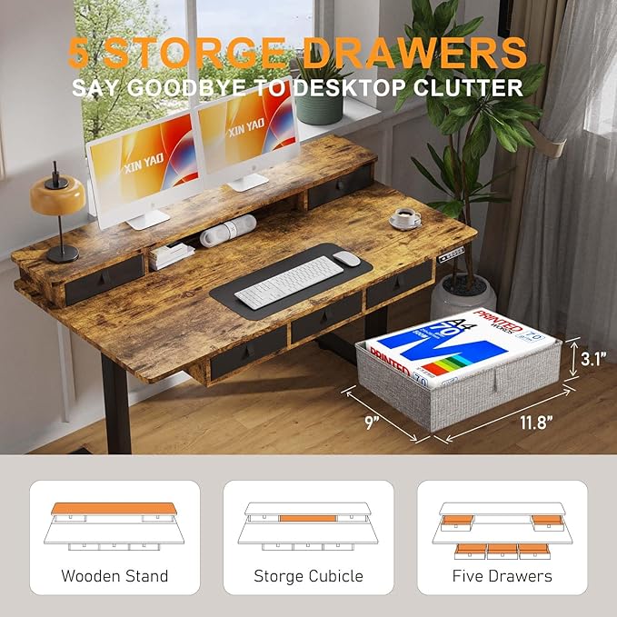 XINYAO Electric Standing Desk with 5 Drawers, 55x30 Inch Extra Wide Height Adjustable Sit Stand Up Desk with Storage Support 290lbs Ergonomic Rising Table with Wheels for Home Office