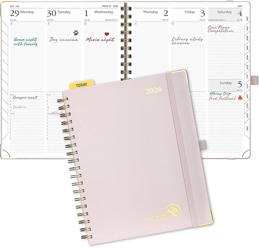 POPRUN 2026 Planner (Large Size 10'' x 8'' Wire-Bound Hard Cover) Daily Weekly and Monthly Calendar - Agenda 2026 (Jan.2026-Dec.2026) with Hourly Schedule, Monthly Tabs - Light Pink
