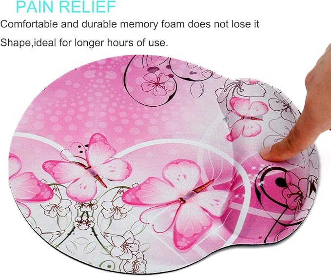 RICHEN Memory Foam Mouse Pad with Wrist Support,Ergonomic Mouse Pad with Wrist Rest,Non-Slip Rubber Base for Computer Laptop & Mac,Lightweight Rest for Home,Office & Travel (Pink Butterfly)