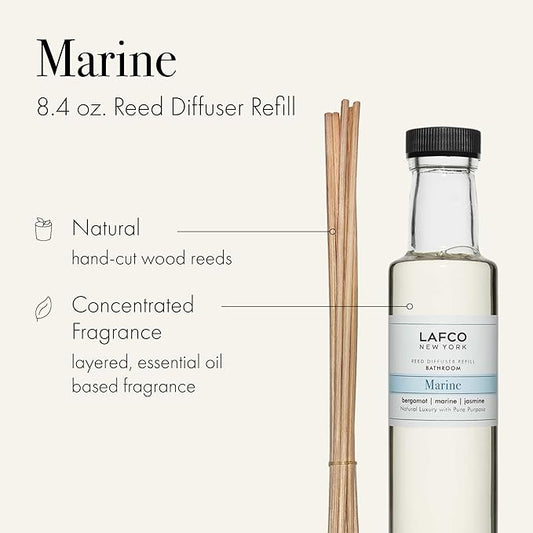LAFCO New York Reed Diffuser Refill, Marine - 8.4 oz - Up to 4-Month Fragrance Life - Includes Natural Wood Reeds - Free of Dyes & Propellants - Made in The USA