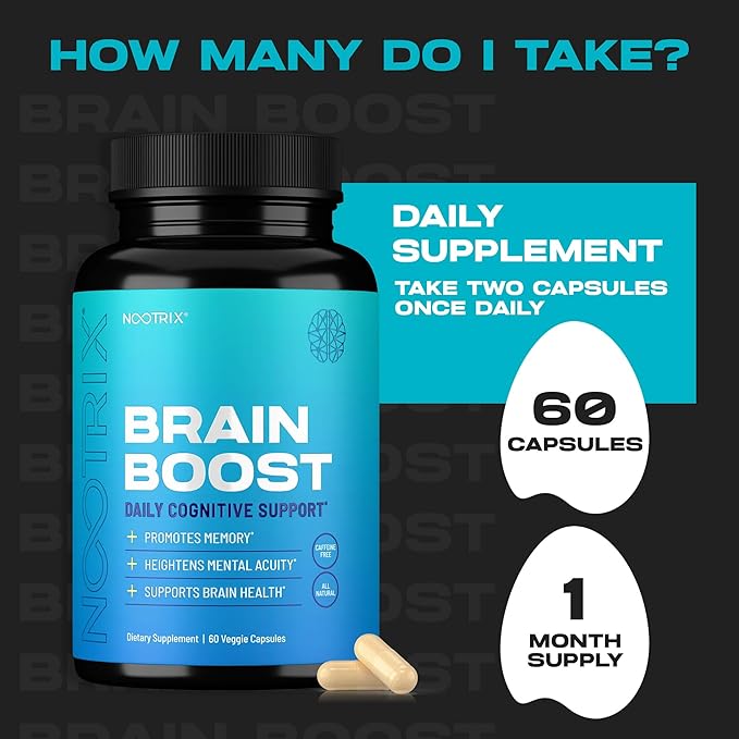 Brain Boost Nootropic Supplement | Supports Memory, Mental Focus, Cognitive Health & Energy | Promotes Healthy Mood & Brain Function | Ginkgo Biloba & DMAE | 60 Capsules