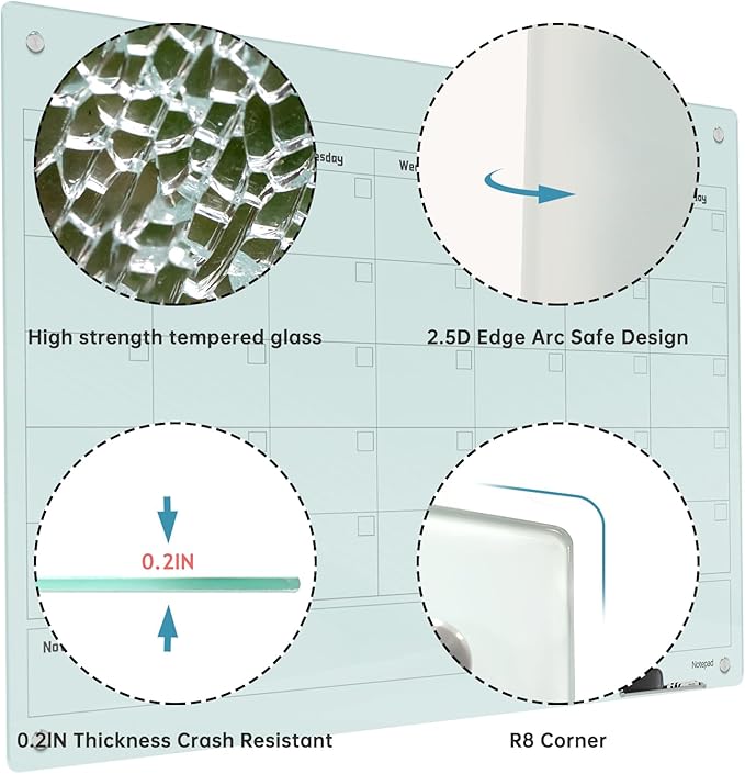 Magnetic Glass Dry Erase Board Calendar- White Board 48 x 36 Inch Wall Mounted Monthly Whiteboard, Large Frameless Glass White Board for Wall Office, Home & School