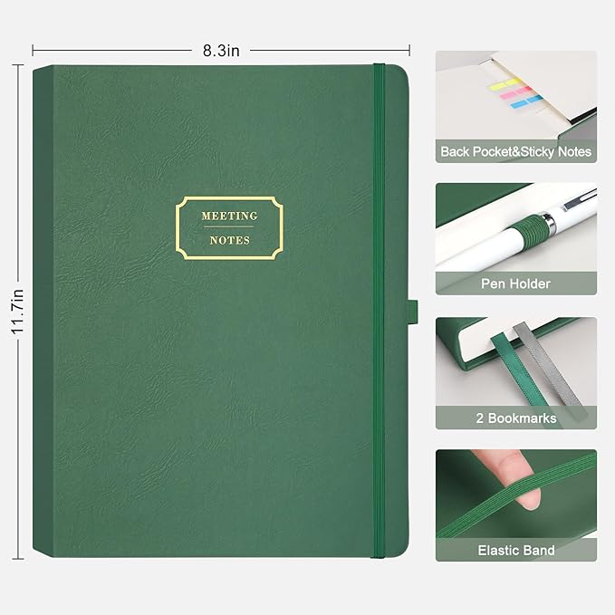 EMSHOI Meeting Notebook for Work with Action Items - 240 Pages A4 Large Project Planner Agenda Organizer Work Notebook for Women Men Office Business, PU Leather Hardcover, 8.5" x 11", Dark Green