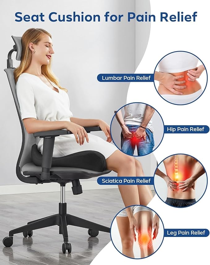 Feagar Memory Foam Seat Cushion - Extra Thick for Hip, Sciatica, Tailbone & Back Pain Relief - Office Chair & Car Seat Cushion for Desk Workers, Seniors, Truck Drivers, and Work from Home