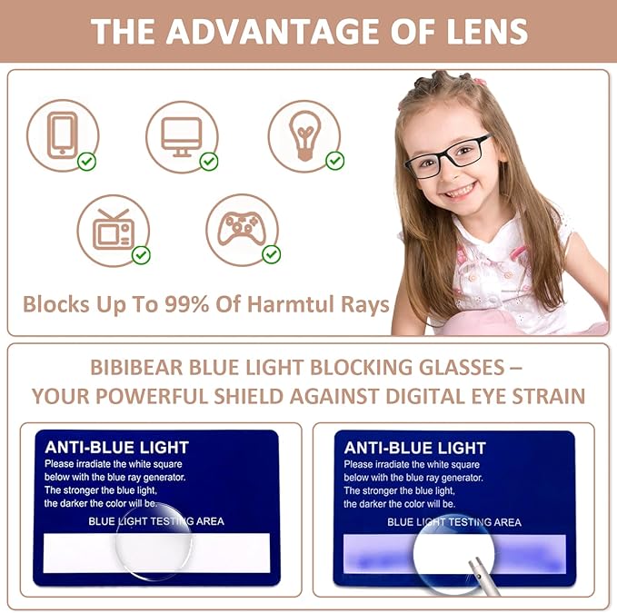 BiBiBear Blue Light Blocking Glasses Bendable Lens Legs for Kids Girls Boys Not Easy to Drop Reduces Eyestrain Lenses