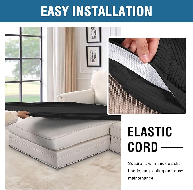 H.VERSAILTEX Super Stretch Individual Chaise Cover Sectional Couch Covers for L Shaped Sofa Both Left/Right Featuring Thick Jacquard Textured Twill Fabric (1 Piece Chaise Cover, Black)