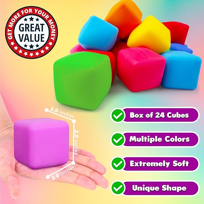 24 Pack Slow Rising Stress Cube, Large Size Dough Stress Balls Fidget Toys for Anxiety Relief, Pull Stretch Fidgets for Classroom Prize Box Toys, Classroom Reward for Student