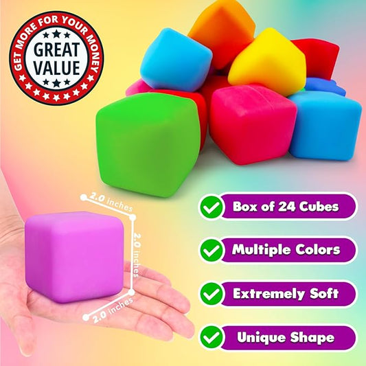 24 Pack Slow Rising Stress Cube, Large Size Dough Stress Balls Fidget Toys for Anxiety Relief, Pull Stretch Fidgets for Classroom Prize Box Toys, Classroom Reward for Student