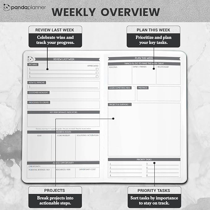 Panda Planner Undated Daily Planner - 90 Day Organization - Productivity For Entrepenuers - Set Goals - Bonus Weekly & Monthly Agenda - Grey - Hardcover