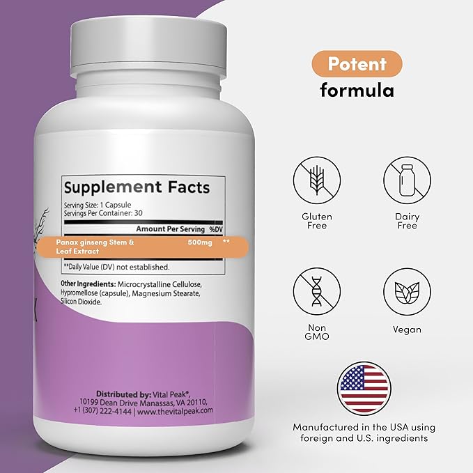 Panax Ginseng Peak 500 mg - Supports Mental Clarity, Energy & Focus - Panax Ginseng Steam & Leaf Extract Supplement for Women & Men - Vegan, Gluten Free, Dairy Free, Non-GMO - 30 Capsules