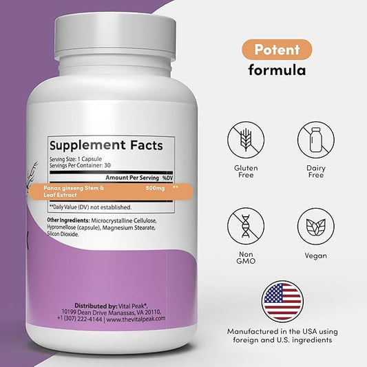 Panax Ginseng Peak 500 mg - Supports Mental Clarity, Energy & Focus - Panax Ginseng Steam & Leaf Extract Supplement for Women & Men - Vegan, Gluten Free, Dairy Free, Non-GMO - 30 Capsules