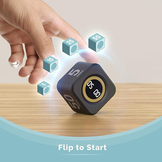 KADAMS Pomodoro Cube Timer Productivity Visual Timer - 5/10/25/50 Min Rotating Countdown (Black + White)