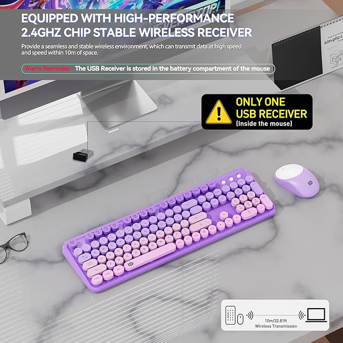 Wireless Keyboards Mouse Combos, Colorful Cute Typewriter Full-Size Retro Creamy Keyboard, 2.4GHz Sleep Mode Office Quiet Wireless Keyboard and Mouse Set for Desktop Laptop PC Computer(Purple)