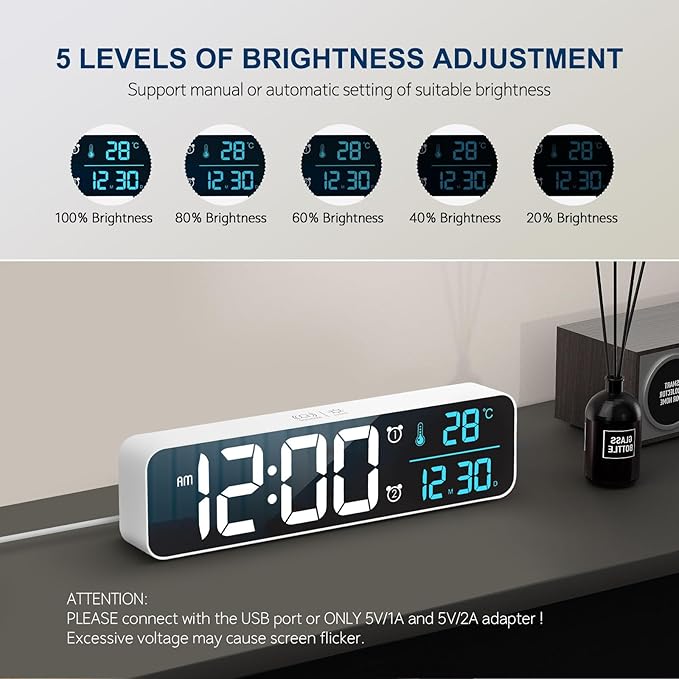 Hournor Digital Clock, Clock for Bedroom, Digital Wall Clock, Clocks for Living Room Decor, Desk Clock, Table Clock, Digital Clock Large Display, Smart Alarm Clock for Office (Wired White+Blue Digit)
