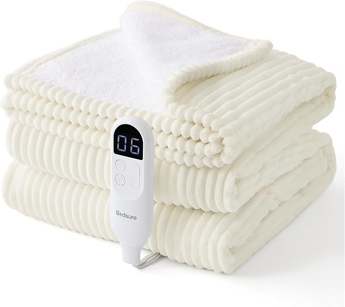 Bedsure GentleSoft Electric Blanket Full Size - Soft Ribbed Flannel Heated Blanket with 6 Heat Settings, Heating with 10 Time Settings, 8 hrs Timer Auto Shut Off (72x84 inches, Coconut White)