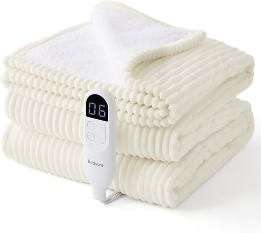 Bedsure GentleSoft Electric Blanket Twin - Soft Ribbed Flannel Heated Blanket, Heating with 10 Time Settings, 6 Heat Settings, and 8 hrs Timer Auto Shut Off, Gifts for Grandma (62"x84", Coconut White)
