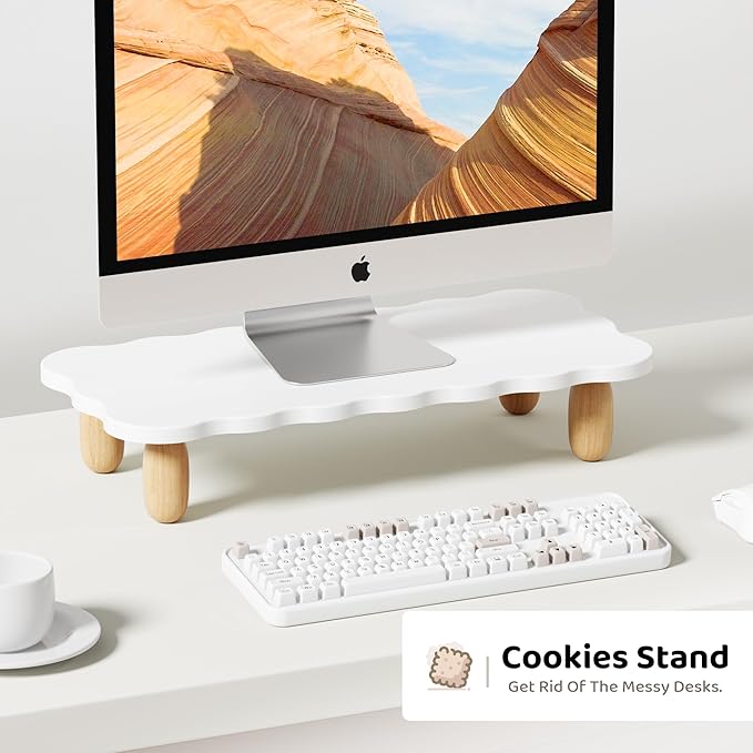 Monitor Stand Riser, Cookie-Shaped Sturdy Wood Computer Monitor Stand for Desk, Ergonomic Desk Stand, Multi-Purpose Desktop Organizer Riser for Computer, Laptop, Printer, TV,White