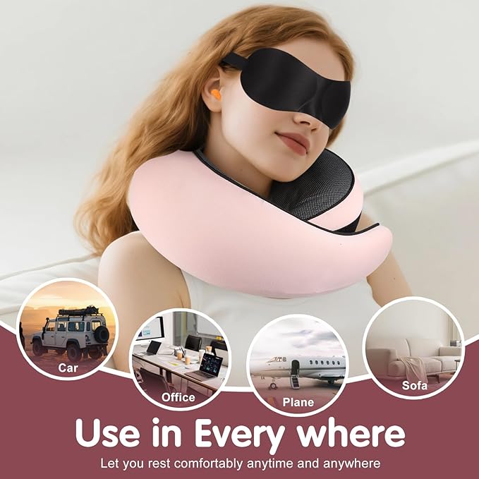 Ergonomic Travel Neck Pillow with Memory Foam Support – Comfortable Airplane Pillow for Adults, Portable Neck Cushion for Car, Office and Long Flights with Eye Mask, Earplug Holder and Carry Bag