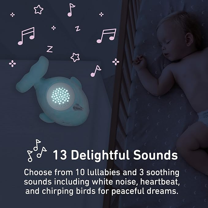PureBaby Sound Sleepers Portable Sound Machine & Star Projector - Plush Sleep Aid for Baby and Toddlers with Soothing Night Light Display, 10 Lullabies, White Noise, and Heartbeat Sounds (Narwhal)
