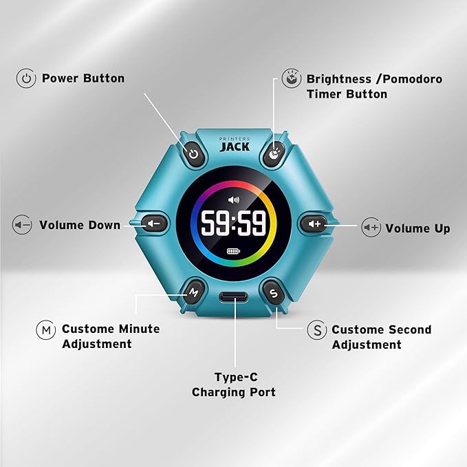 Pomodoro Timer, Magnetic Visual Timer with Flip Countdown, Silent & Alarm, Tools for Anyone, Cube Digital Timer for for Work, Kitchen Cooking, Study, 3/5/10/25/30/60min & Custom Countdown - Turquoise