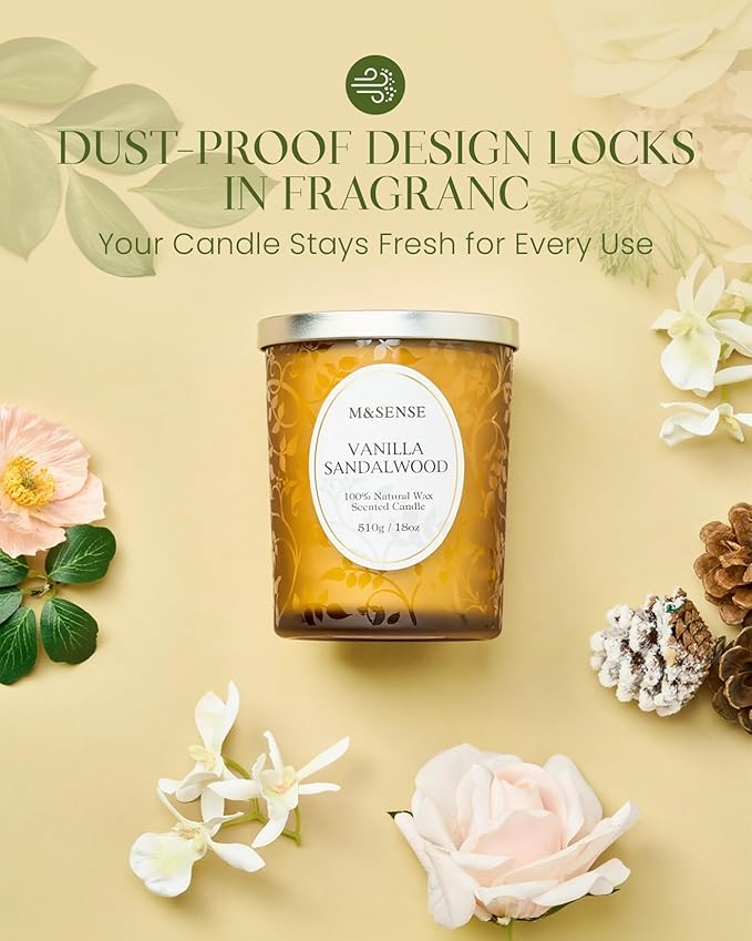 M&SENSE Vanilla Sandalwood Candle, Wooden Wick Strong Scented Candle,100 Hours Slow Burning No Toxin Natural Soy Wax 18oz, Stress Relief Aromatherapy Home Fragrance with Lid, House Warming Gift