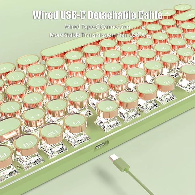 Typewriter Style Mechanical Gaming Keyboard White LED Backlit 104-Key NKRO Pink Switches Retro Round Keycaps Golden Ring Volume Knob Metal Panel Wired USB-C Detachable Cable, Matcha Green