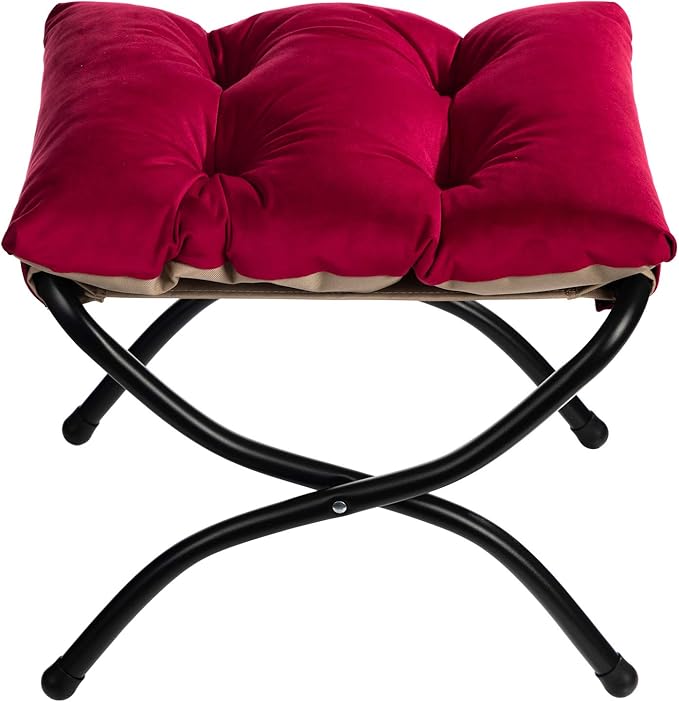 HollyHOME 15"(H) Folding Footrest Stool, Upholstered Small Foldable Ottoman, Accent Padded Sofa Foot Stool for Lazy Chair, Metal Frame Portable Foot Rest Ottoman for Living Room, Bedroom, Burgundy