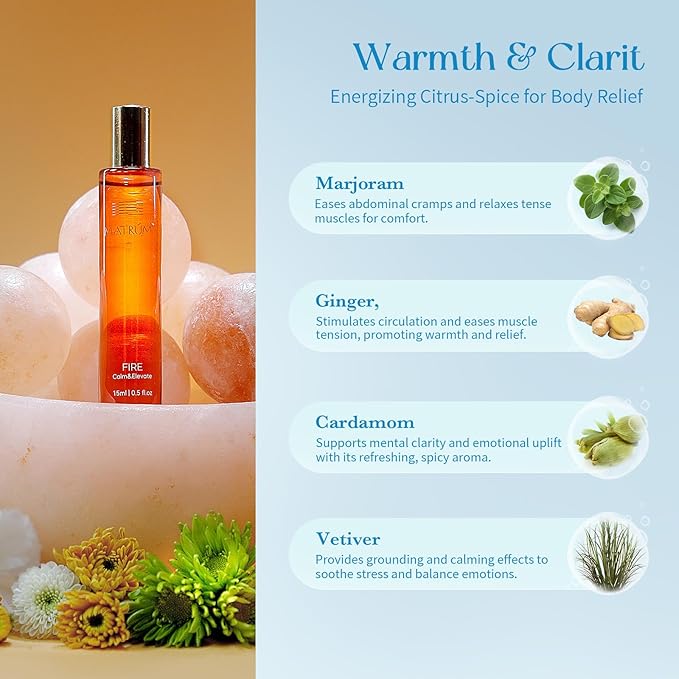 Water + Fire Element Essential Oil Set for Women – Skin Comfort & Cyclical Care – Aromatherapy Essential Oil Blend Roller for Warmth, Focus & Sensory Renewal –Ginger, Cardamom, Citrus, Squalane