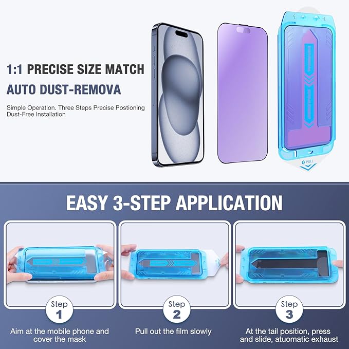 2-Pack Anti Blue Light Matte Screen Protector for iPhone 14 Pro Max /iPhone 15 Plus/iPhone 16 Plus, 9H Tempered Glass, Full Coverage, Anti-Fingerprint, Auto Dust-Elimination, No Bubble, Easy Installation