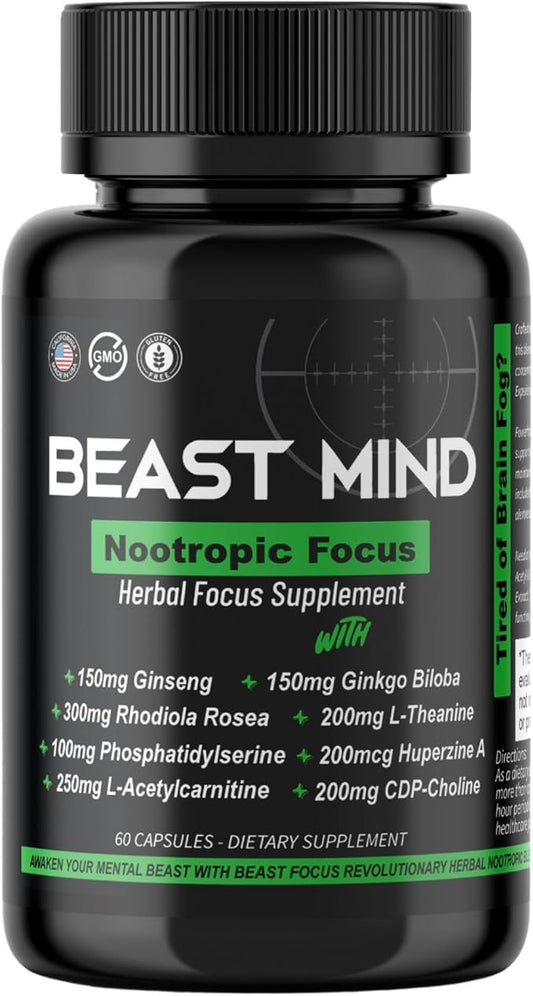 Beast Mind Focus Clarity Nootropic Blend | Ginkgo Biloba | Huperzine A | Rhodiola | Citicoline | L-Theanine | Enhanced Focus & Clarity & Cognitive Function Labs