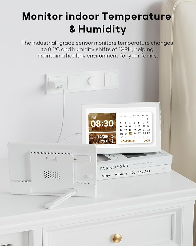 10.1" Digital Clock with Date and Day for Elderly, Digital Calendar with 12 Themes & 9 Colors, AutoDST, 23 Preset Schedules & Customizable, Auto Dimming, Indoor Temperature, Humidity, Easy to Use