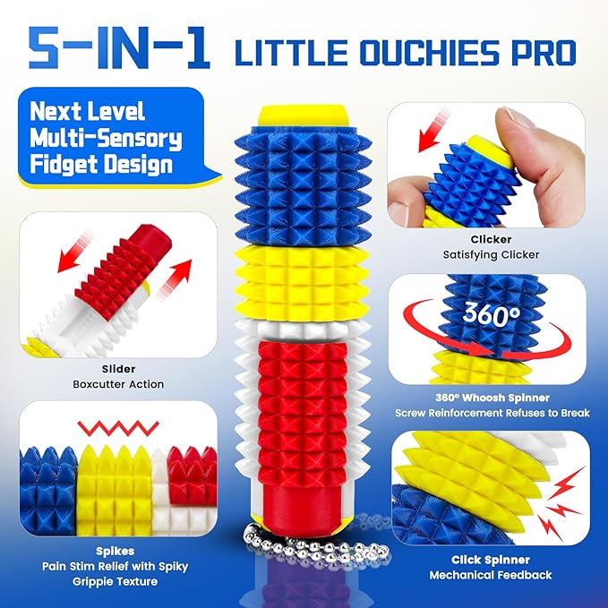 Little Ouchies Spiky Sensory Fidget Toy for Adults – Pain Stim Tool with Clicker, Spinner, Slider, Roller & Spiky Grip | 5‑in‑1 Stress & Anxiety Relief, Portable Keychain(Lego Colors)