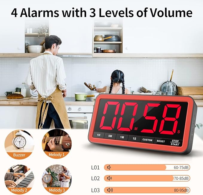 VOCOO Digital Kitchen Timer with 7.8” Extra Large Display, Magnetic LED, with 3 Brightness, 4 Alarms and 3 Volume Levels, Battery Powered Countdown Count Up Timer for Cooking, Classroom, Home Gym