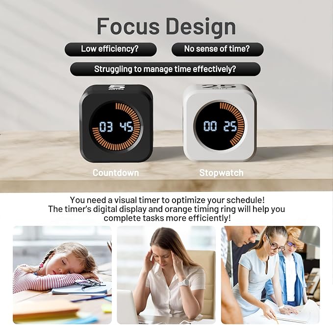 Rotating Pomodoro Timer, 5/10/25/50 Minutes, Countdown & Stopwatch, Desk Productivity, ADHD Tool Cube Flip Timer, Adjustable Silent, for Study, Work, Kitchen (Black)