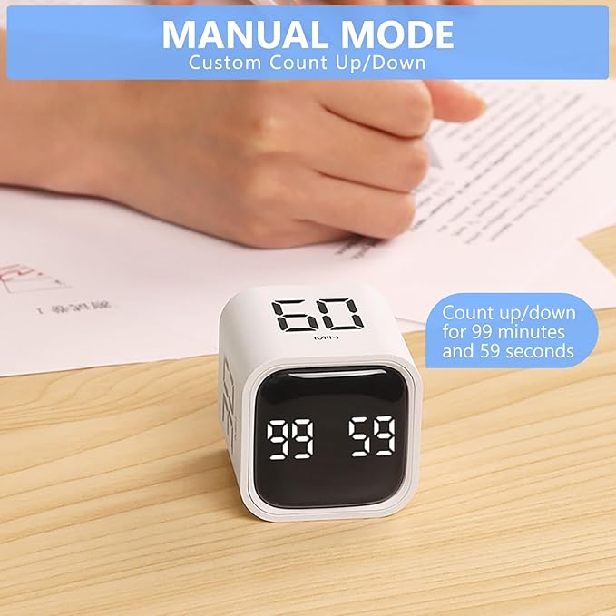 Digital Cube Productivity Timer - Rotating Pomodoro Timer with Gravireceptor 5-10-30-60 Min Custom Countdown, Vibration & Adjustable Volume for Learning, Office, Kitchen, Desk, White