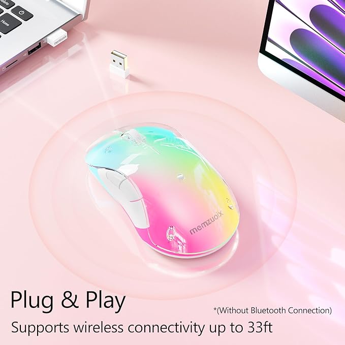 memzuoix 2.4G Wireless Mouse with Customizable Cover & 9-Color LED - Rechargeable Ergonomic, 1200 DPI, 5 Buttons, USB Receiver for PC/Mac - Pink