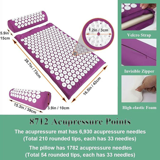 XiaoMaGe Acupressure Mat and Pillow Set with Bag - Large Size 28.7 X 16.5 inch Acupuncture Mat for Neck & Back Pain, Muscle Relaxation Stress Relief, Sciatica Pain Relief Pillow (Purple)