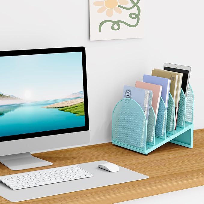 5-Section Desk File Organizer, Metal Mesh Folder Organizer for Documents, Mail & Office Papers (Blue)