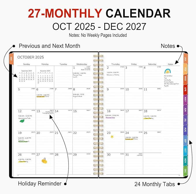 GNL Monthly Planner 2026-2027, 2 Year(27 Months) Calendar Planner, Oct. 2025 - Dec 2027, 7" x 10" Monthly Spreads & Yearly Planner, Perfect for School Office Home Planning, Black