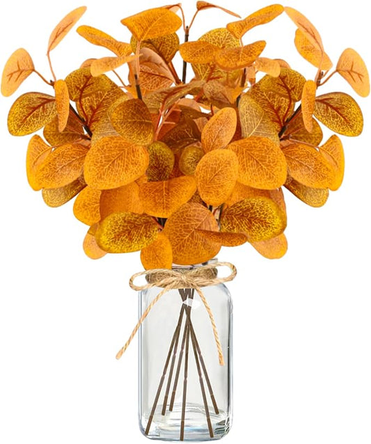 Fall Faux Eucalyptus Stems in Glass Vase 14.2" 6pcs Artificial Autumn Eucalyptus Branches with Vase Fall Home Table Decor Fake Fall Plants Stems for Farmhouse Kitchen Bathroom Decorations