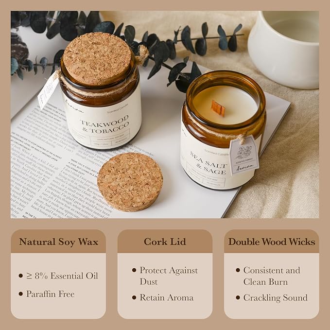 Scented Candle, 7.05 oz Teakwood Tobacco Aromatherapy Candle, Natural Soy Wax with Wooden Wick, Candles for Home Scented, Stress Relief Amber Jar Candle Gifts