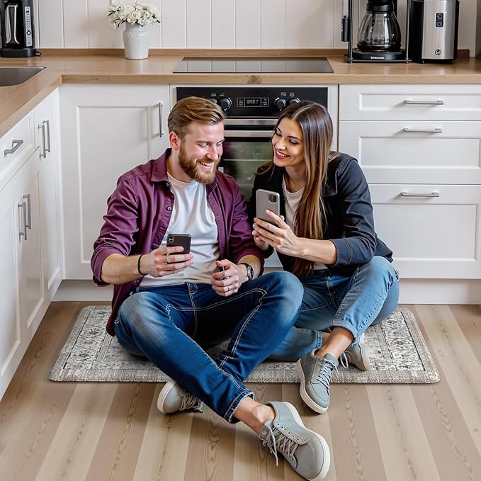 KIMODE Kitchen Mats Cushioned Anti Fatigue, Boho Vintage Kitchen Rugs, Grey 20"x39" Kitchen mats for Floor,Non Slip Kitchen Floor Mat, Comfort Padded Kitchen Floor Mats for Sink Laundry Office Desk