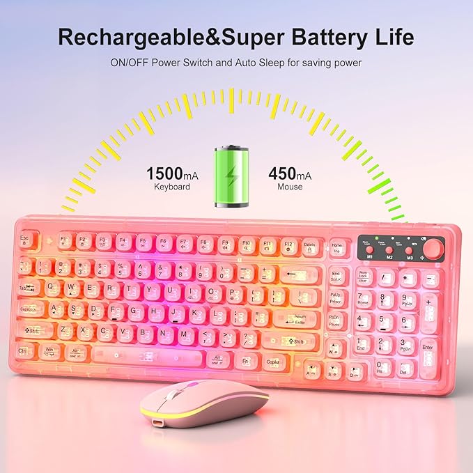 Pink Light Up Keyboard and Mouse Wireless,Cute 2.4Ghz Cordless Rechargeable Transparent Clear Backlit Keyboard,15 Backlight Effects,Volume Knob,RGB Mouse with 3 DPI for Mac Computer PC Laptop Desktop