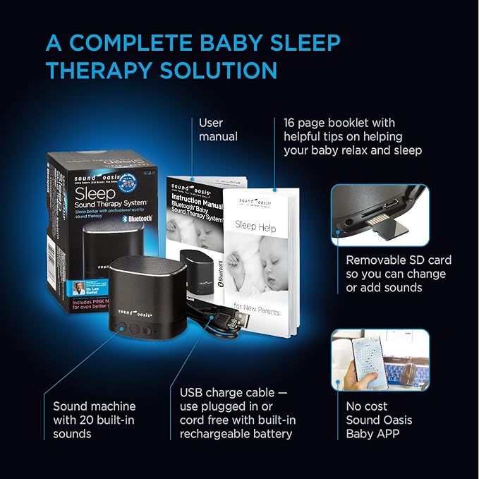 Sound Oasis Baby Sound Machine with Bluetooth - 20 Soothing Sounds, Portable, Includes New Help Booklet and Baby Sound Therapy App for Sleep and Relaxation, Black