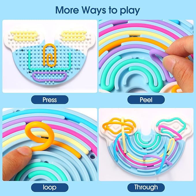 Fidget Toys Sensory Activity Board, Silicone Sensory Toys for Stress Anxiety Autistic ADHD Calming, Kids 3+ & Adults, Travel Bag & 12 Strings, Rainbow (Blue)