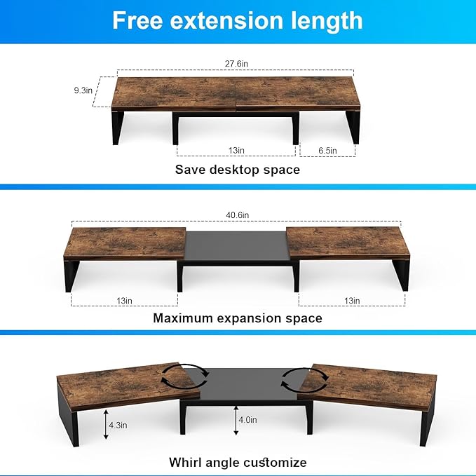 Dual Monitor Stand for Desk, Wooden Monitor Riser, Desk Shelf for Top of Desk, Computer Stand for Home and Office Use (Wood)