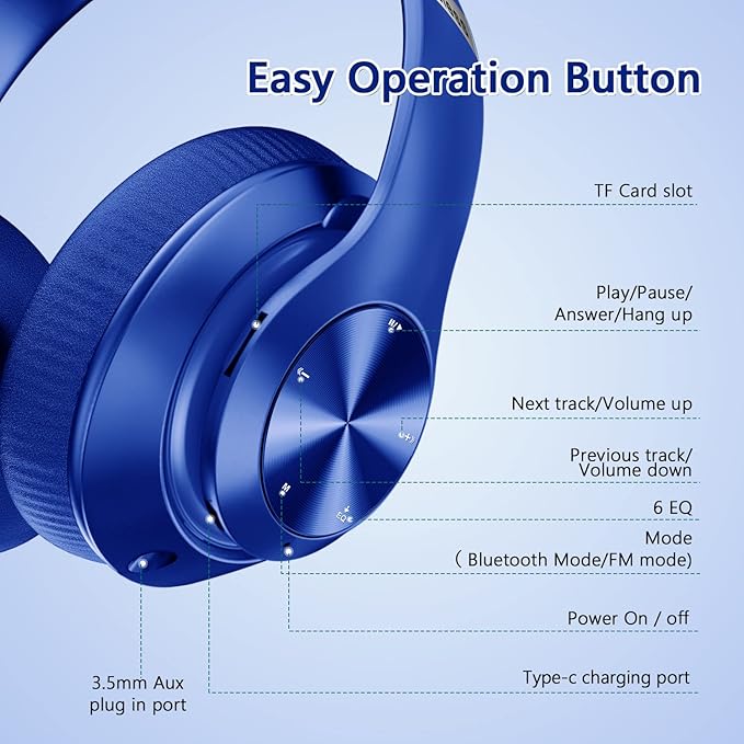 9S Wireless Over-Ear Bluetooth Headphones, 60 Hours Playtime, Hi-Fi Stereo, 6 EQ Modes, Built-in Microphone, Foldable Design, Blue